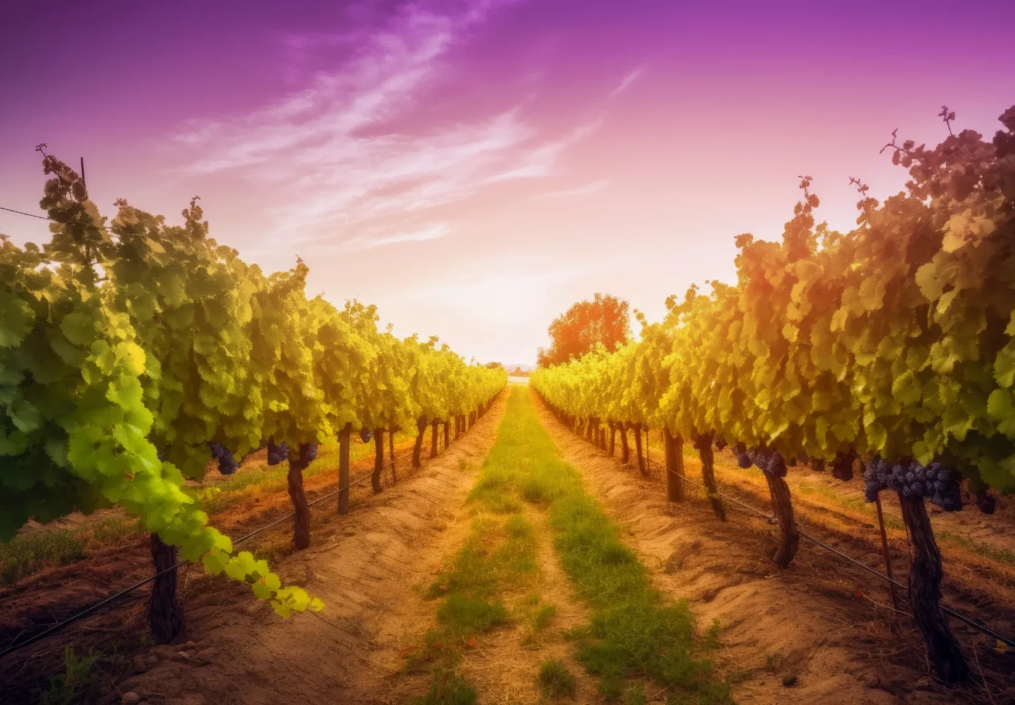 Purple sky winery vineyard at sunset.