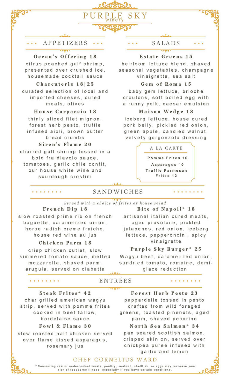 Purple sky winery lunch menu by chef ward.