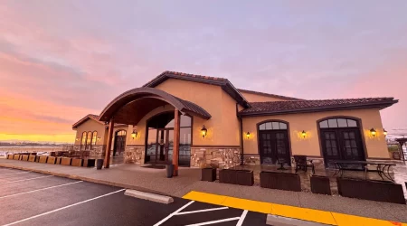 Purple sky winery restaurant at sunset.